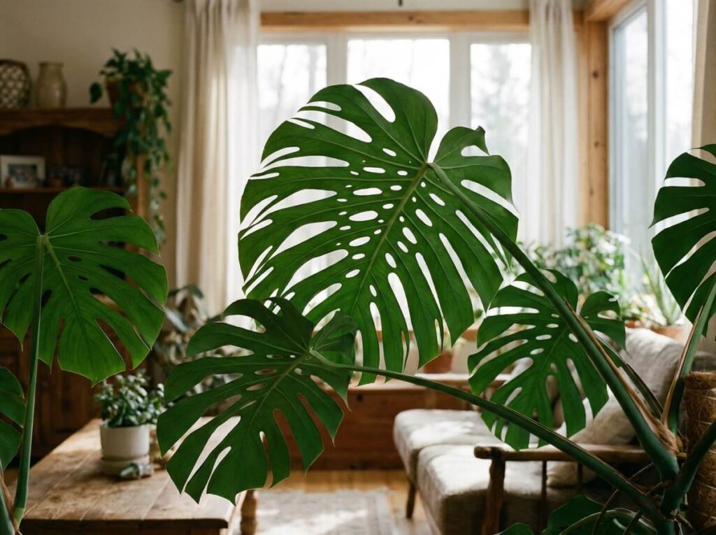 Grande feuille de Monstera deliciosa bien fenestrée devant une fenêtre lumineuse dans un salon