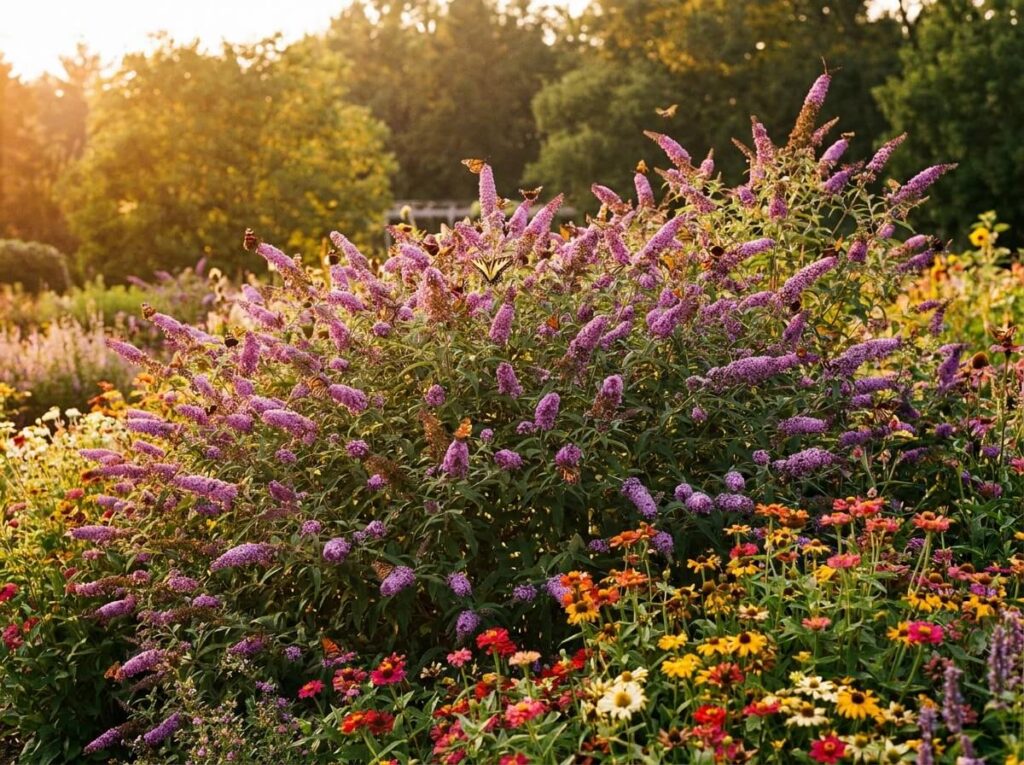 Massif fleuri de buddleia mauve couvert de papillons multicolores en plein soleil d'été
