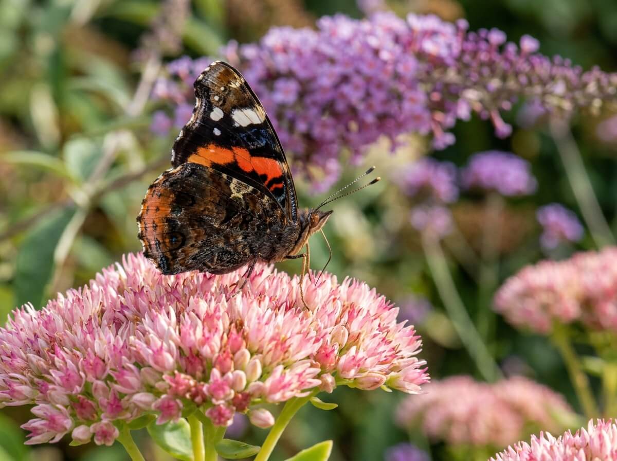 Papillon vulcain orange et noir butinant une fleur de sédum rose en gros plan