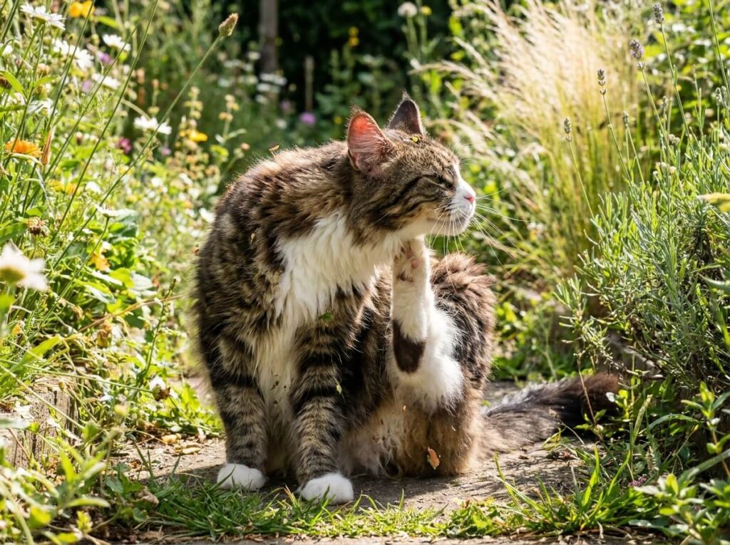 Chat qui se gratte l'oreille après être rentré du jardin en été
