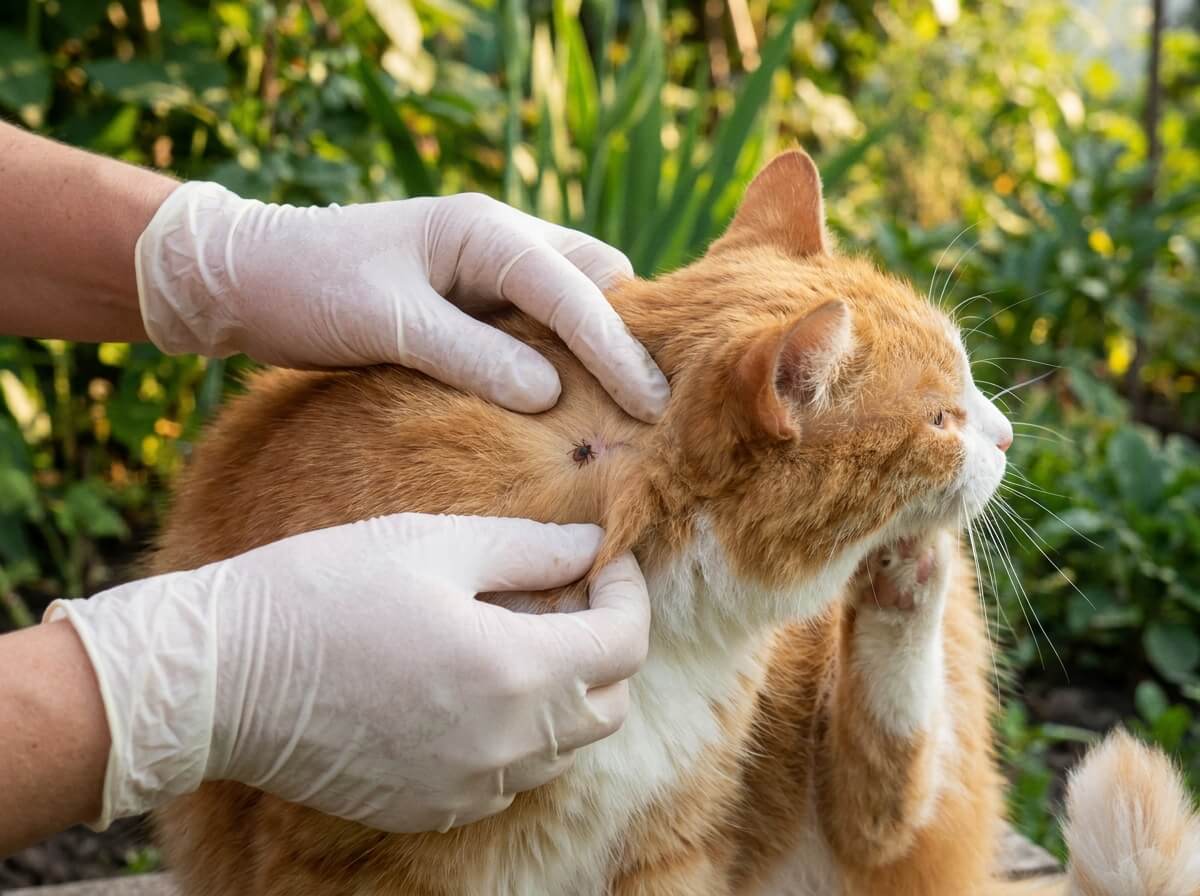 Inspection du pelage d'un chat à la recherche de tiques entre les poils