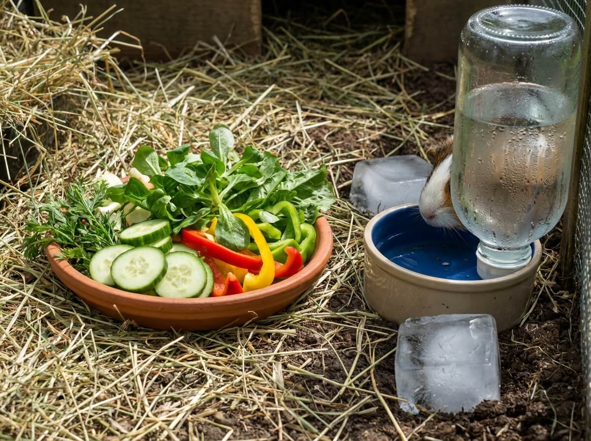 Gamelle de légumes frais et biberon d'eau pour cochon d'Inde par temps chaud