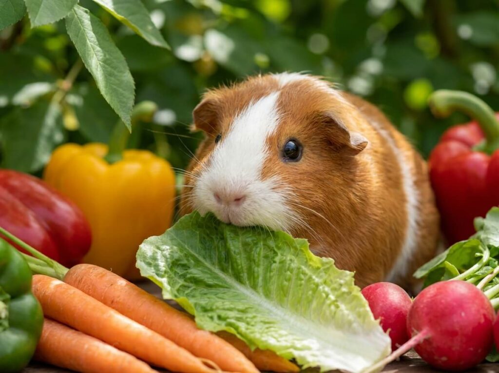 Cochon d'Inde roux et blanc grignotant une feuille de romaine fraîche à l'ombre