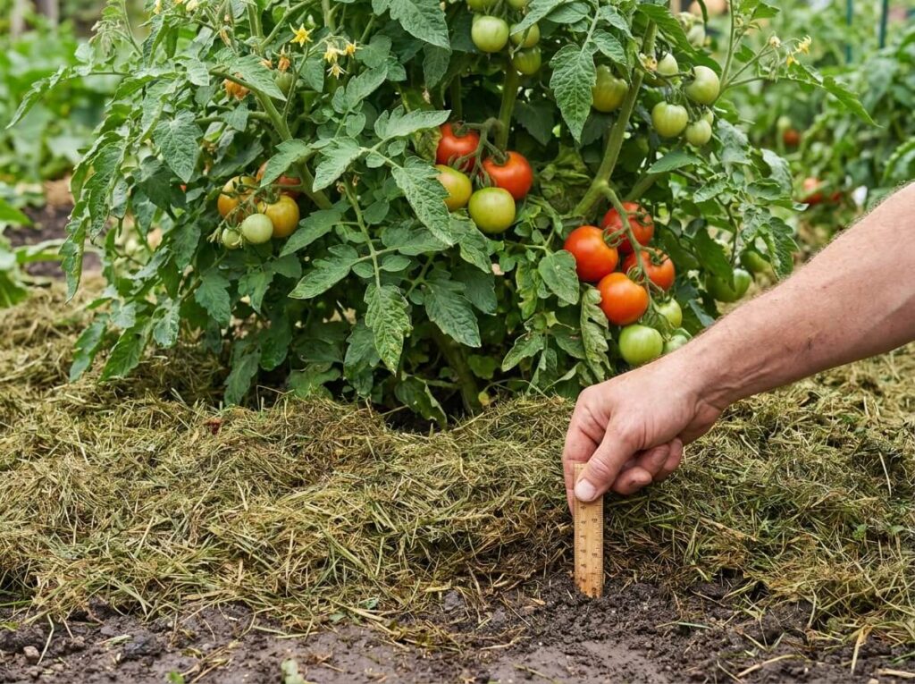 Main mesurant l'épaisseur d'un paillage de tontes séchées au pied de tomates en été