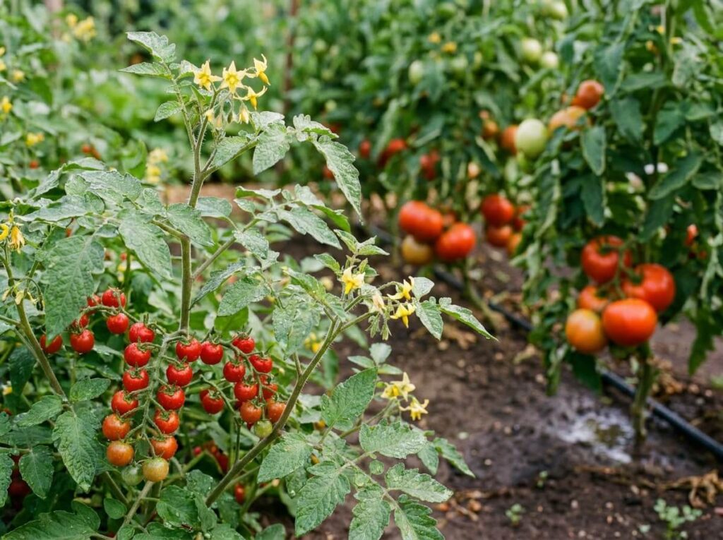 Potager luxuriant arrosé par un système goutte-à-goutte enterré au pied des plants de tomates