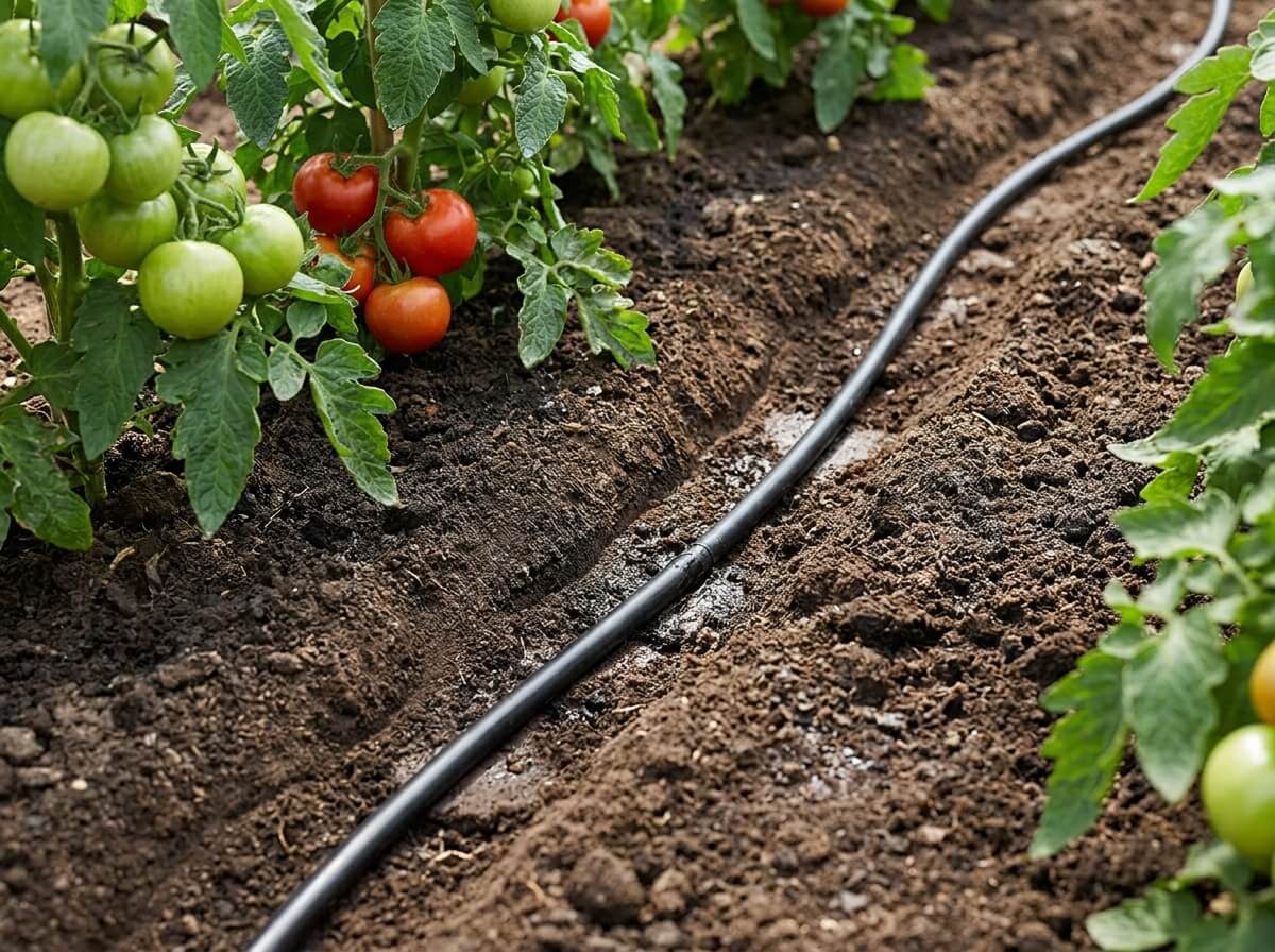 Tuyau goutte-à-goutte posé dans une tranchée peu profonde avant recouvrement de terre au potager