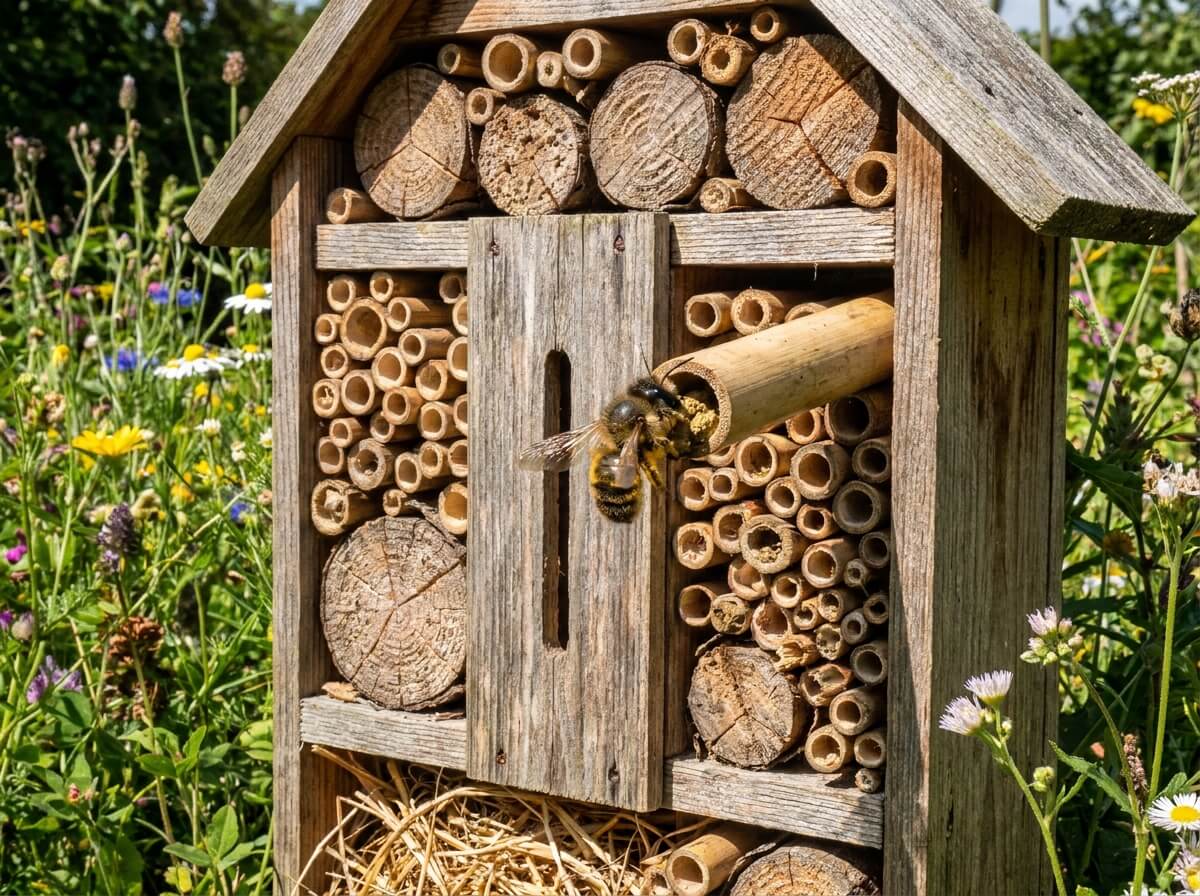 Osmie femelle entrant dans une tige de roseau d'un hôtel à insectes au soleil
