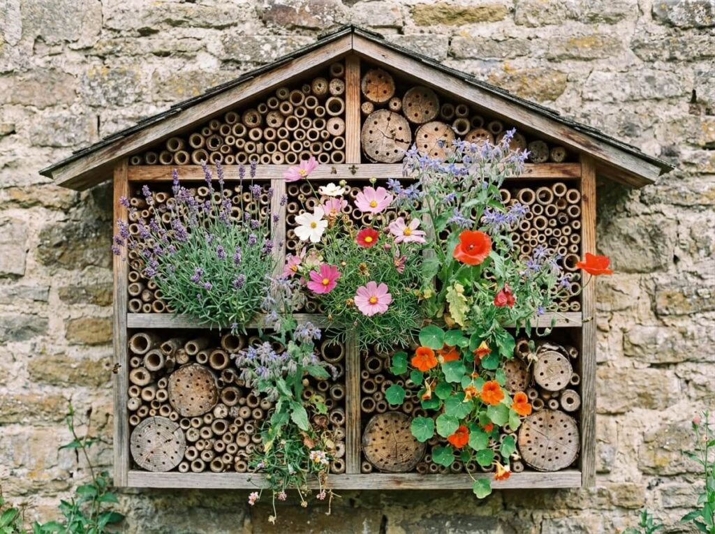 Abri à insectes en bois garni de tiges creuses fixé sur un mur, entouré de fleurs