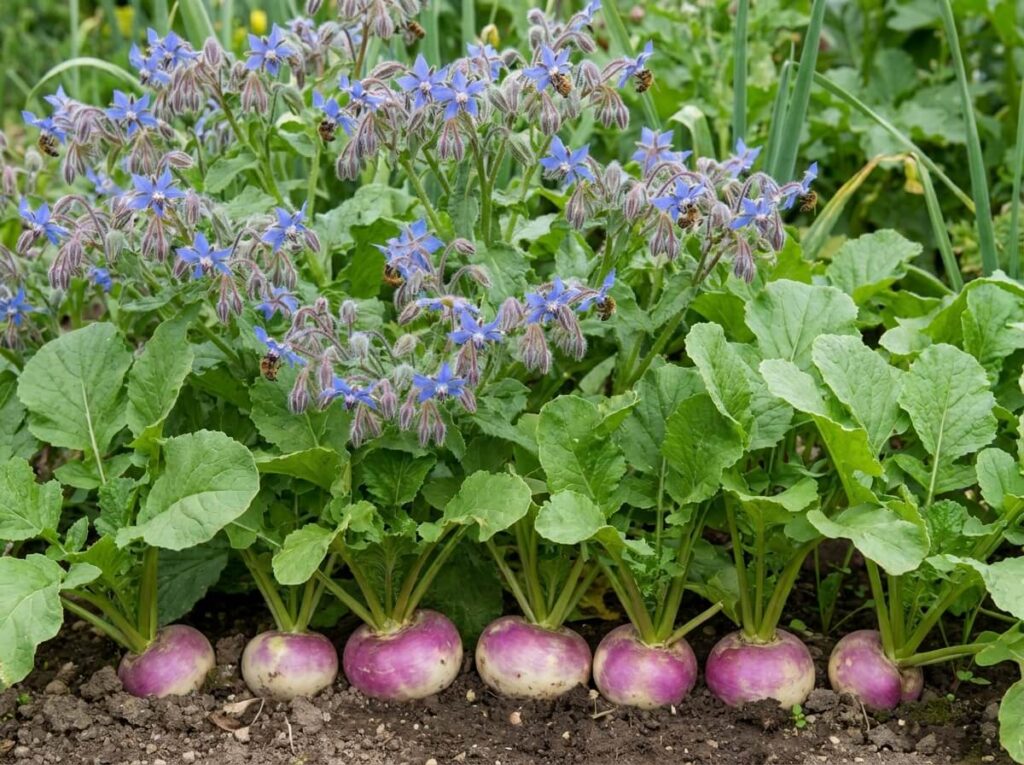 Fleurs bleu étoilé de bourrache couvertes d'abeilles au-dessus d'un rang de navets au potager en été