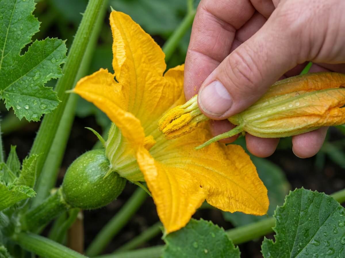 Gros plan sur une fleur mâle de courge et un jeune fruit femelle prêt à être fécondé