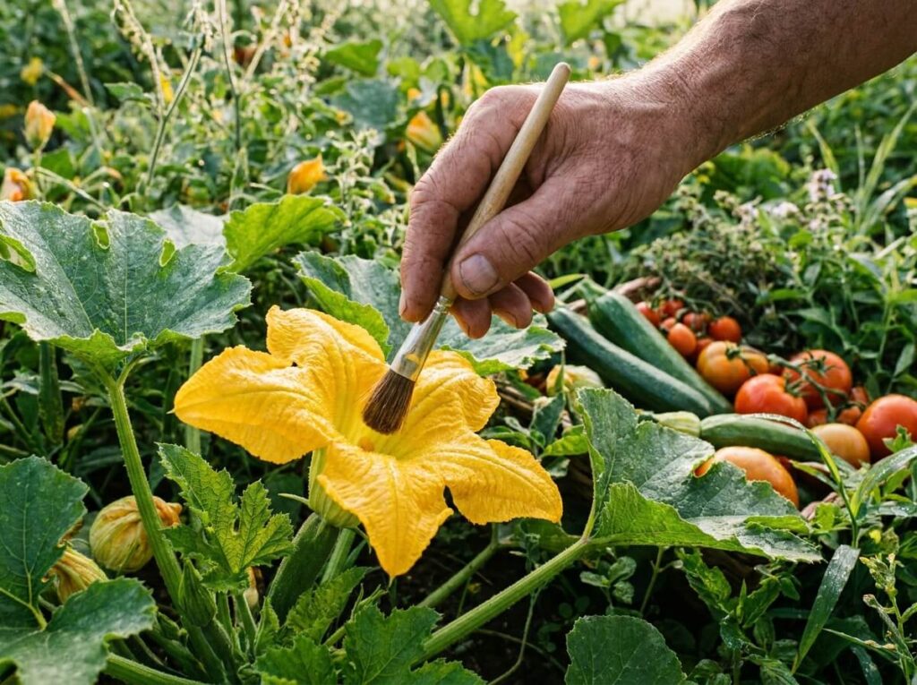 Main déposant du pollen sur une fleur femelle de courgette jaune éclatante au potager le matin