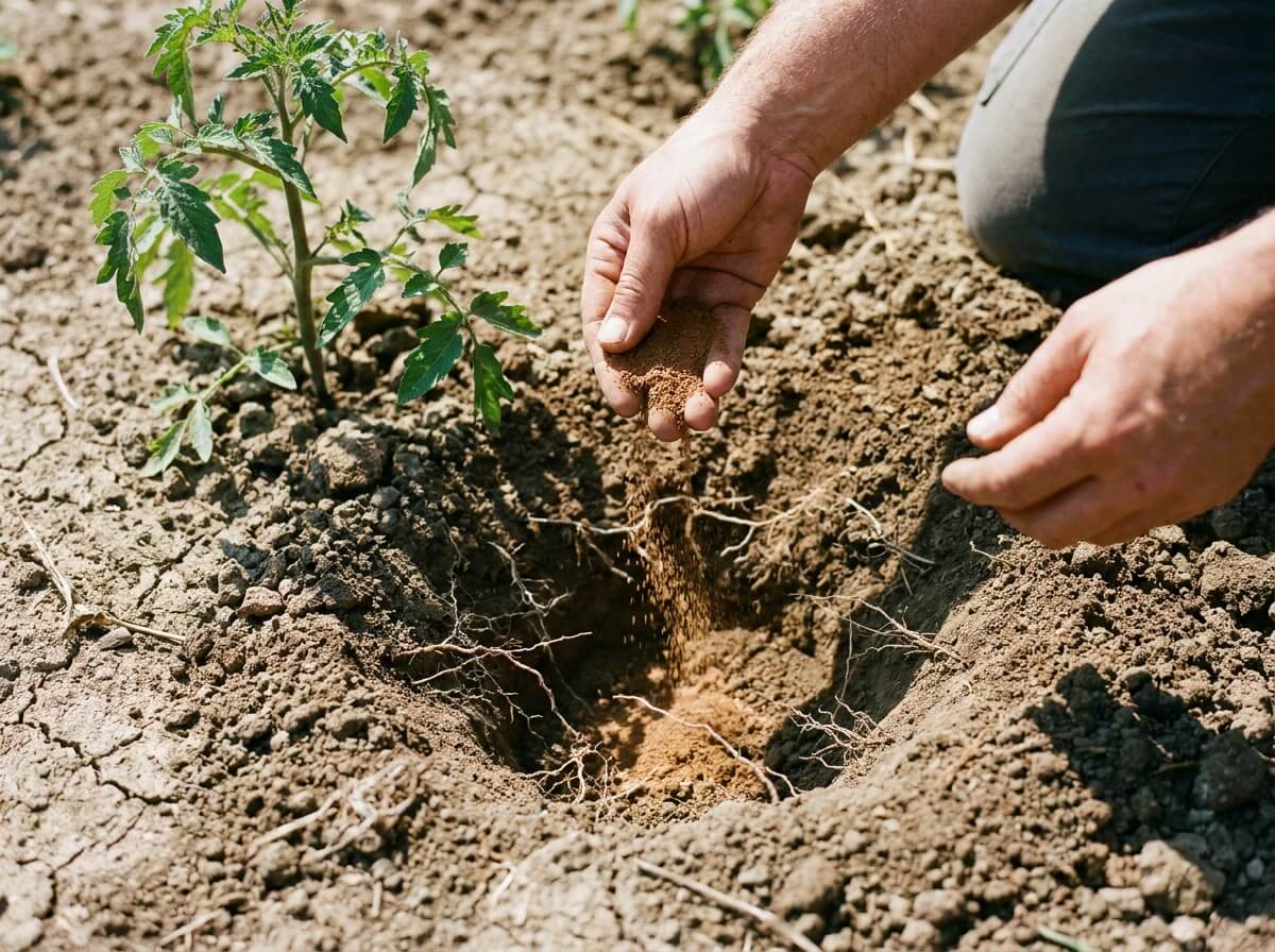 Jardinier saupoudrant une poudre brune de mycorhizes au fond d'un trou de plantation