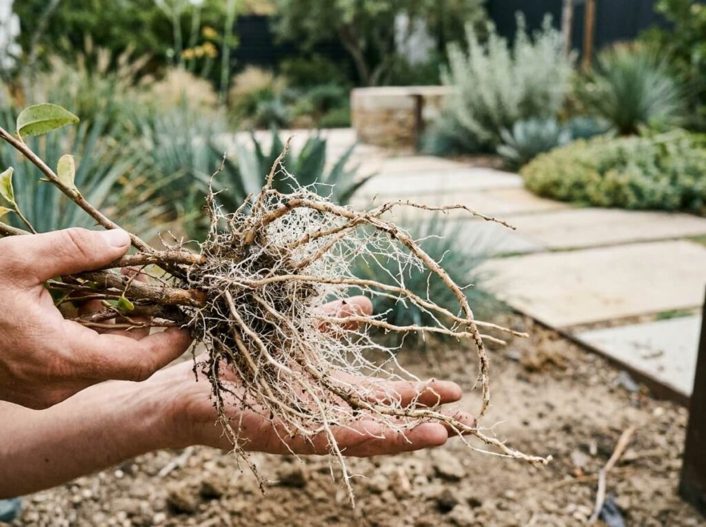 Racines de plant enrobées d'un fin réseau blanc de mycorhizes prêtes à être plantées