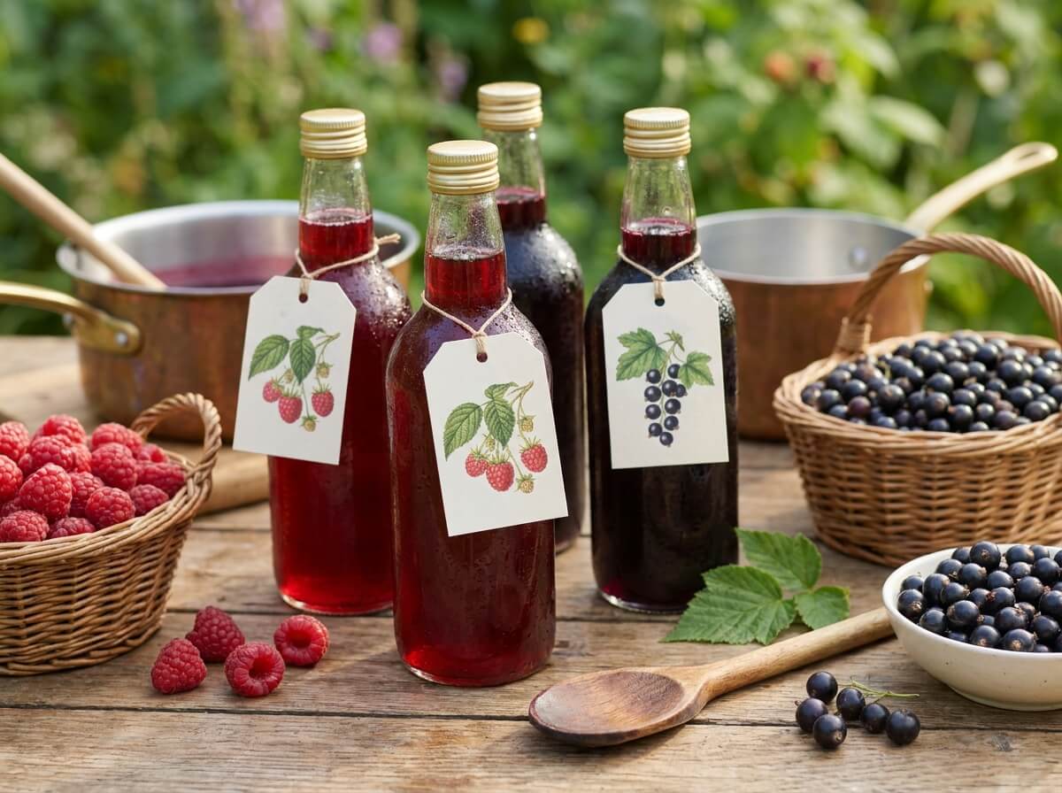 Bouteilles de sirop de framboise et cassis maison étiquetées et refroidissant sur un plan de travail