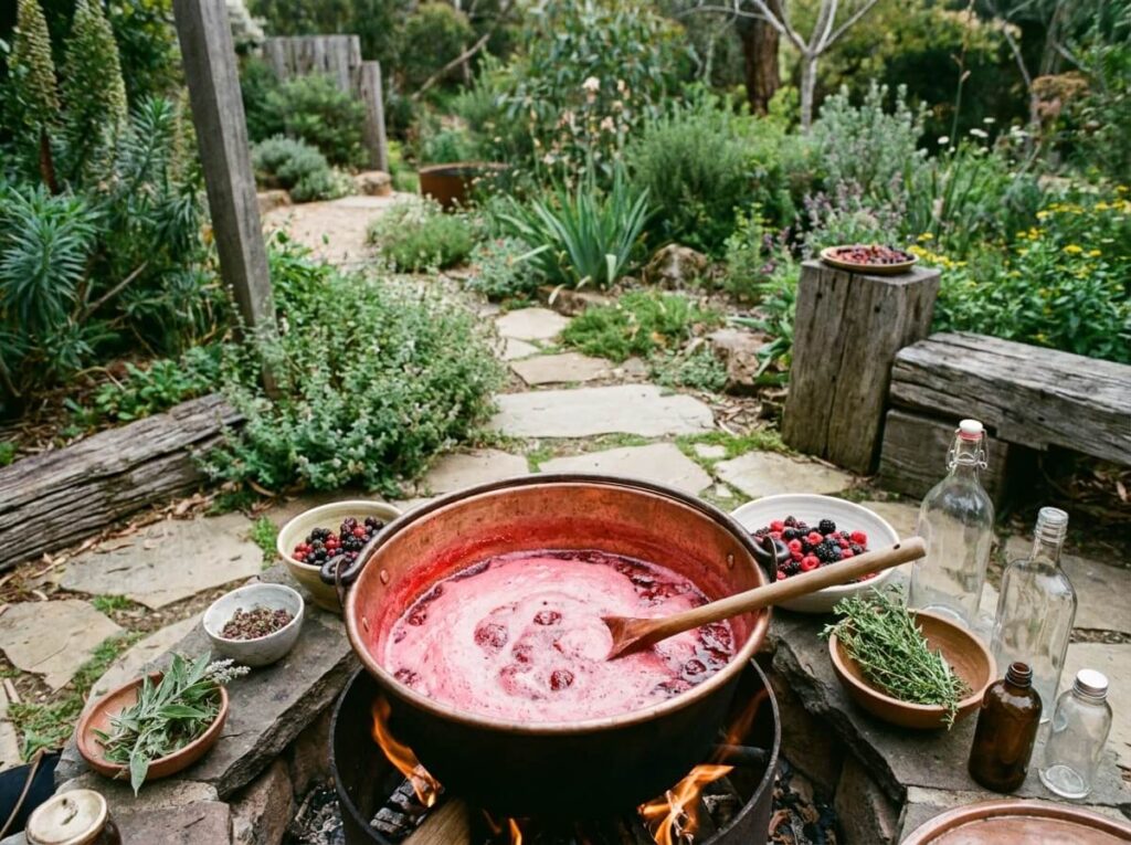 Cuisson de sirop de fruits rouges maison dans une casserole avec mousse rose en surface