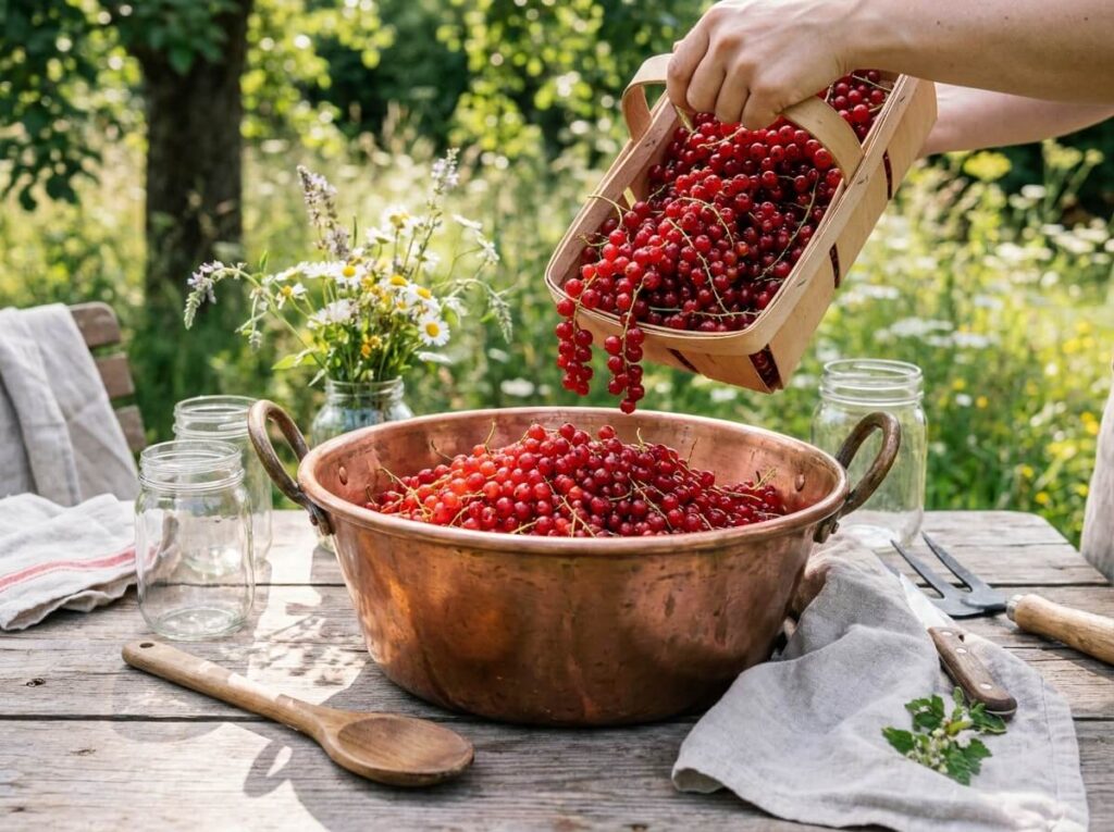 Grappes de groseilles rouges fraîchement récoltées versées dans une bassine à confiture en cuivre