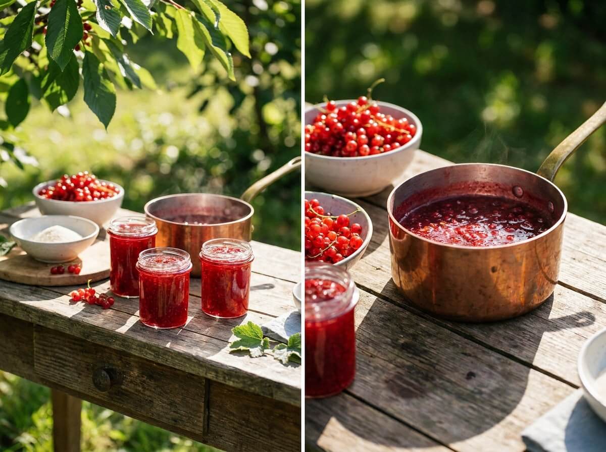 Pots de confiture de groseilles rouge translucide en cours de mise en pot sur un plan de travail