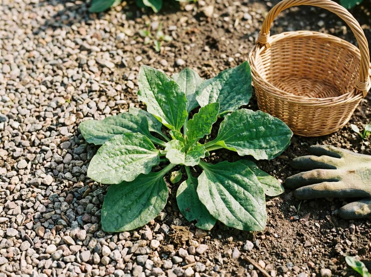 Rosette de plantain majeur poussant dans une allée gravillonnée, feuilles nervurées prêtes à cueillir