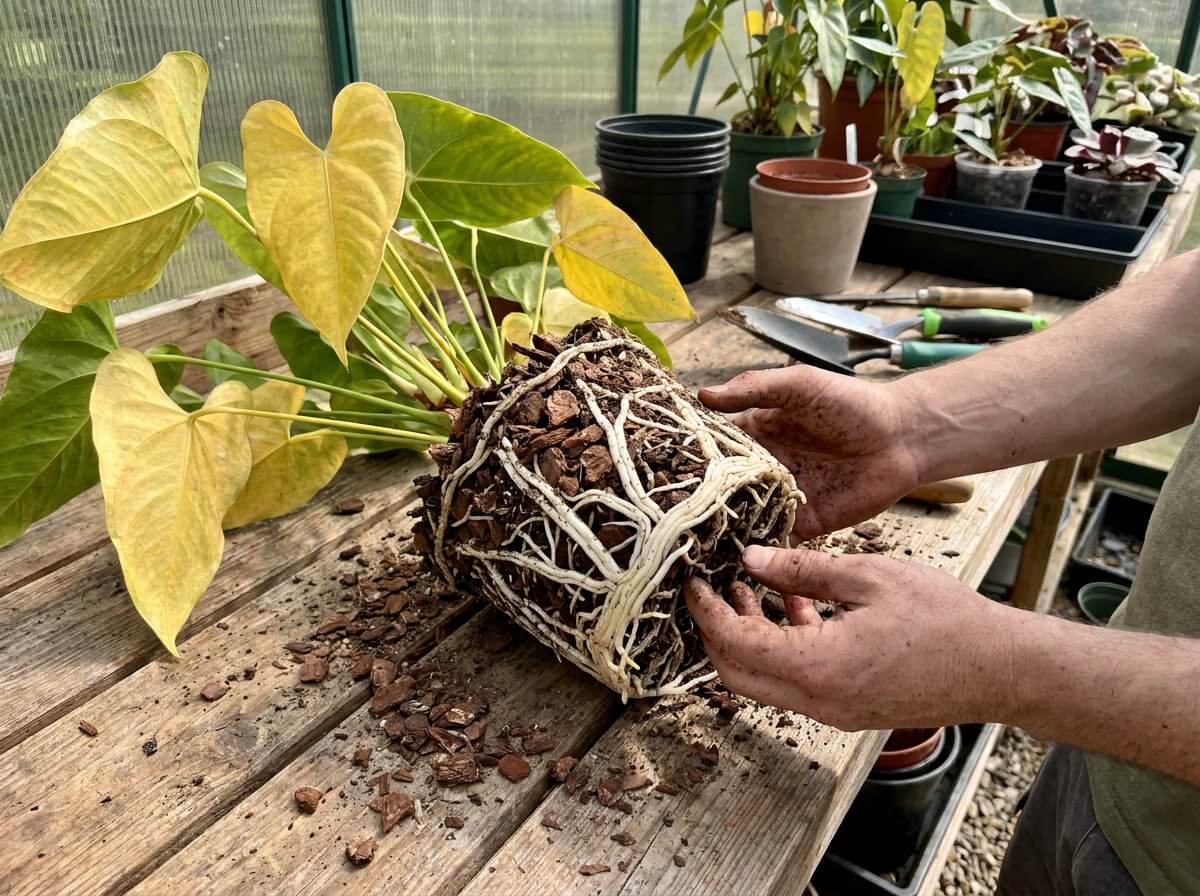 Mains contrôlant les racines blanches d'un anthurium dépoté sur un plan de travail, substrat en écorces