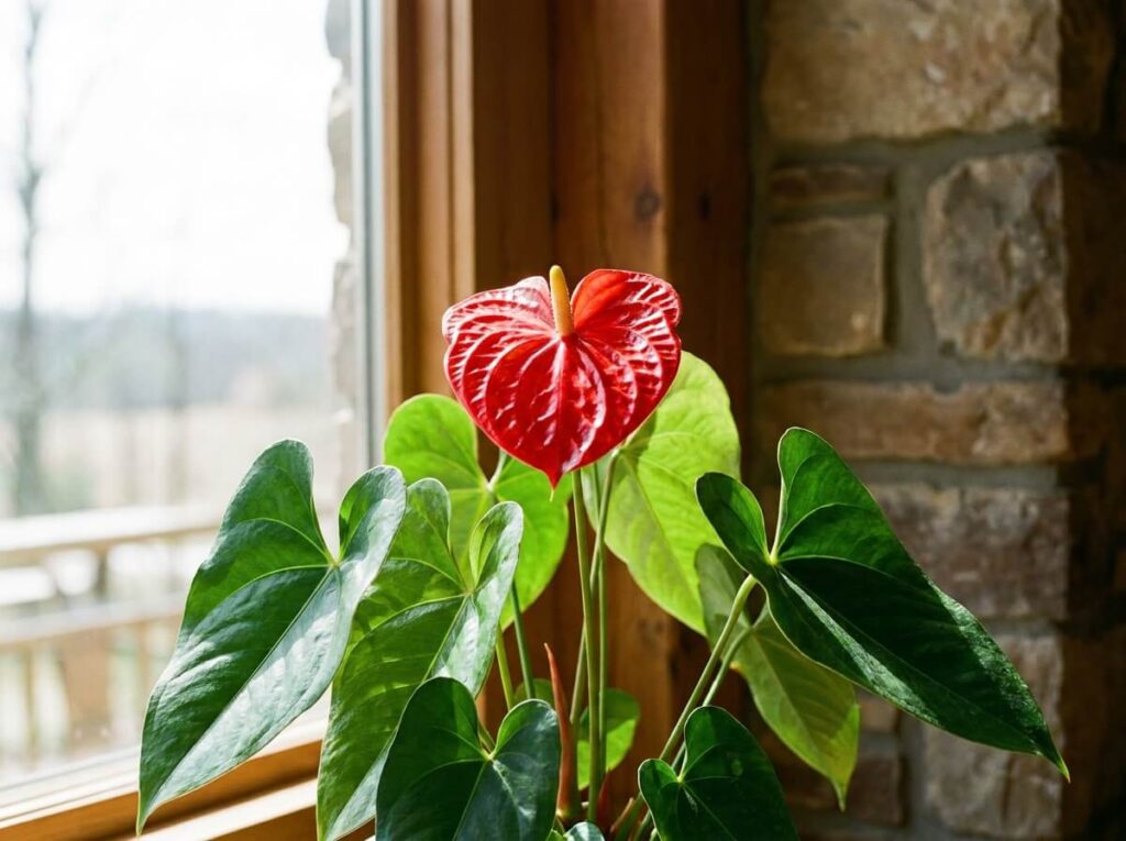 Anthurium aux bractées rouges vernissées près d'une fenêtre lumineuse, feuillage vert brillant, intérieur clair