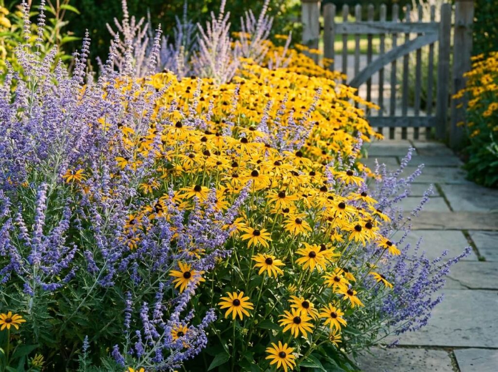 Massif ensoleillé mêlant rudbeckias dorés et épis bleu lavande de sauge de Russie en pleine floraison