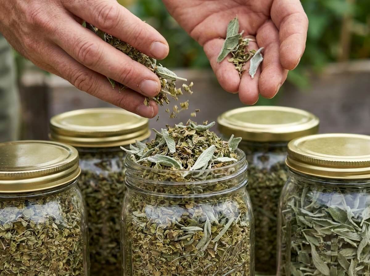 Feuilles d'origan et de sauge séchées effeuillées à la main au-dessus d'un bocal en verre