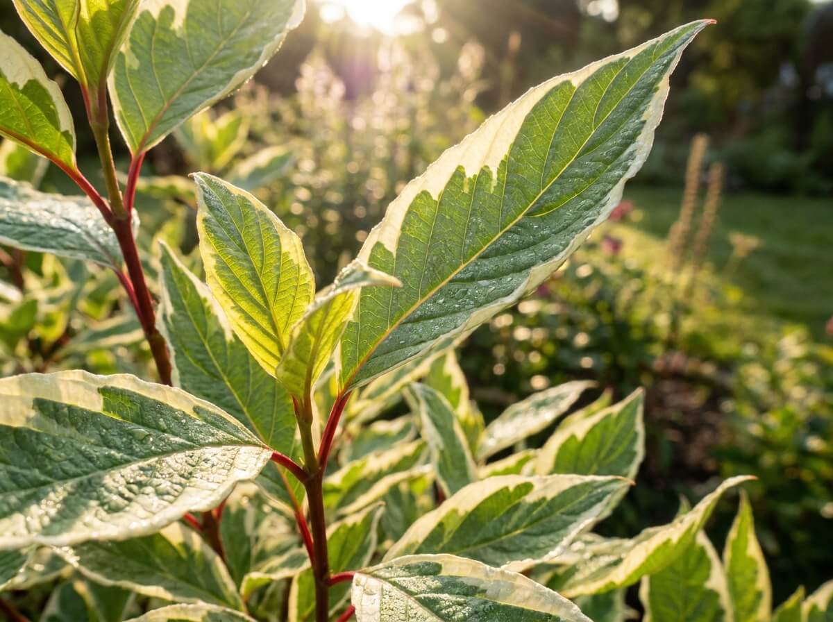 Gros plan sur les feuilles bordées de crème d'un Cornus alba Elegantissima au soleil du matin