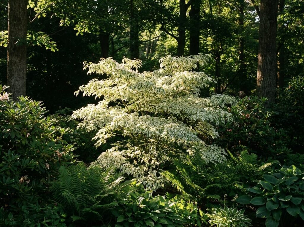 Cornouiller à feuillage panaché blanc et vert éclairant un massif ombragé en été au jardin