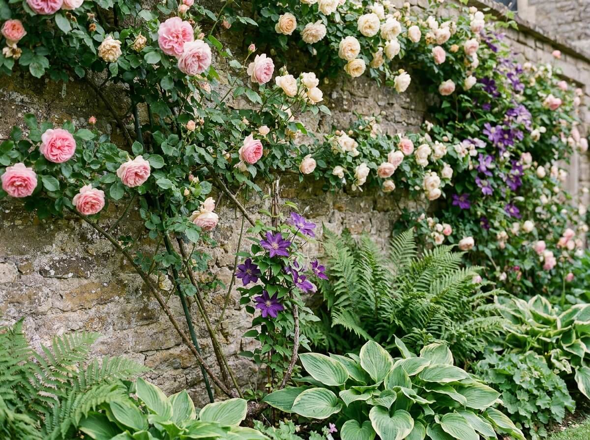 Pied d'un rosier grimpant avec jeune clématite plantée à 40 cm, base ombragée par des vivaces