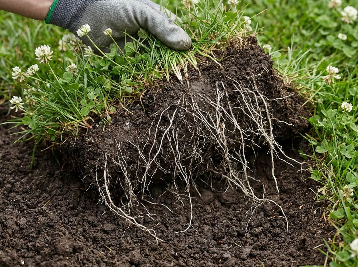 Motte de gazon soulevée montrant de longues racines blanches dans une terre encore fraîche et souple