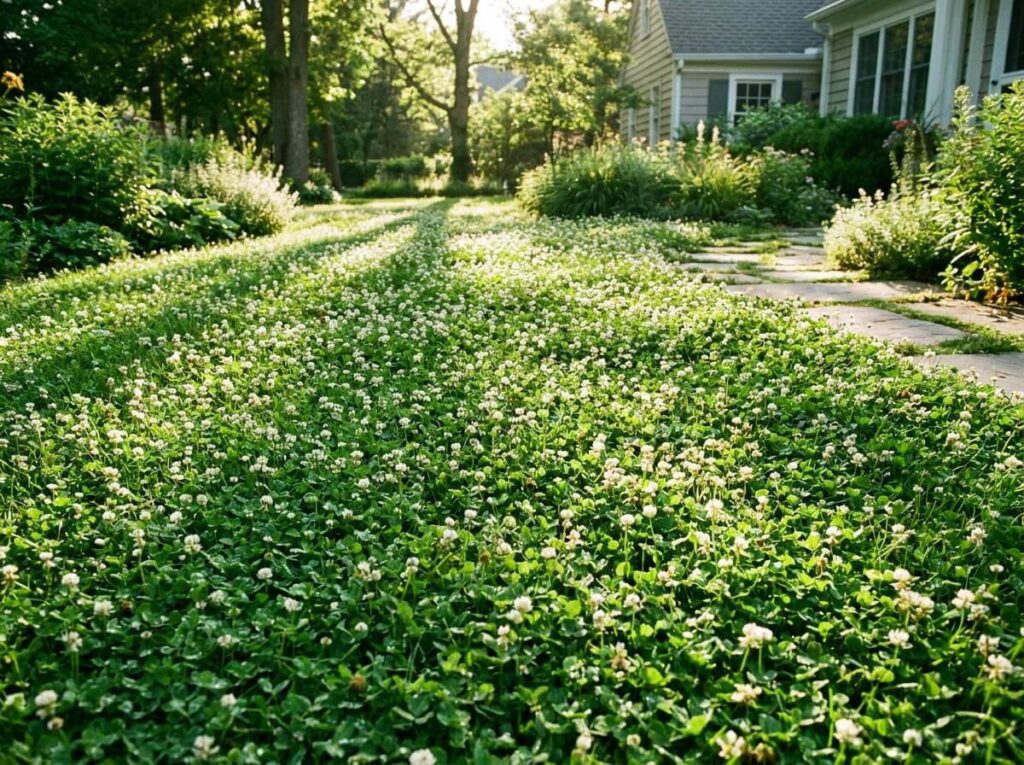 Tapis dense de micro-trèfle vert vif en fleurs remplaçant une pelouse, jardin lumineux d'été