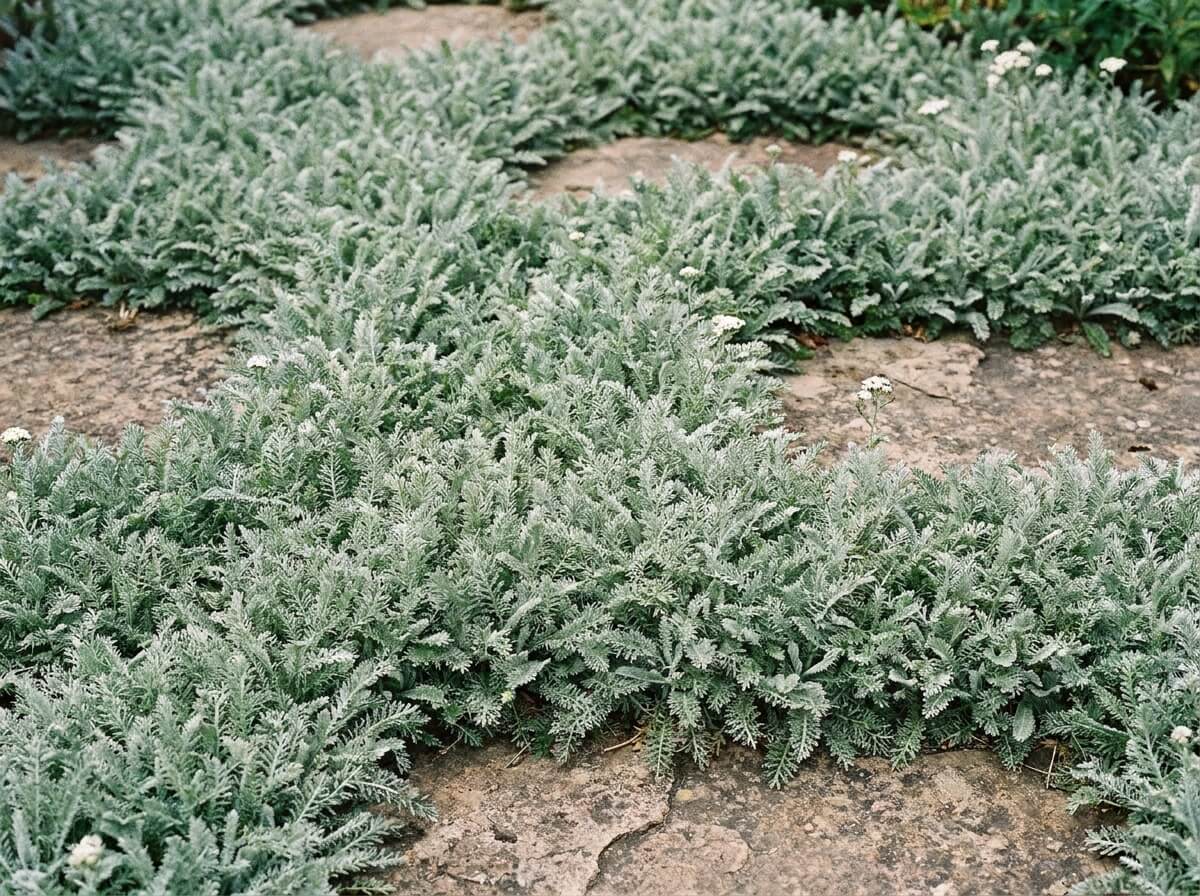 Feuillage gris-vert finement découpé d'achillée crithmifolia formant un tapis souple entre des dalles