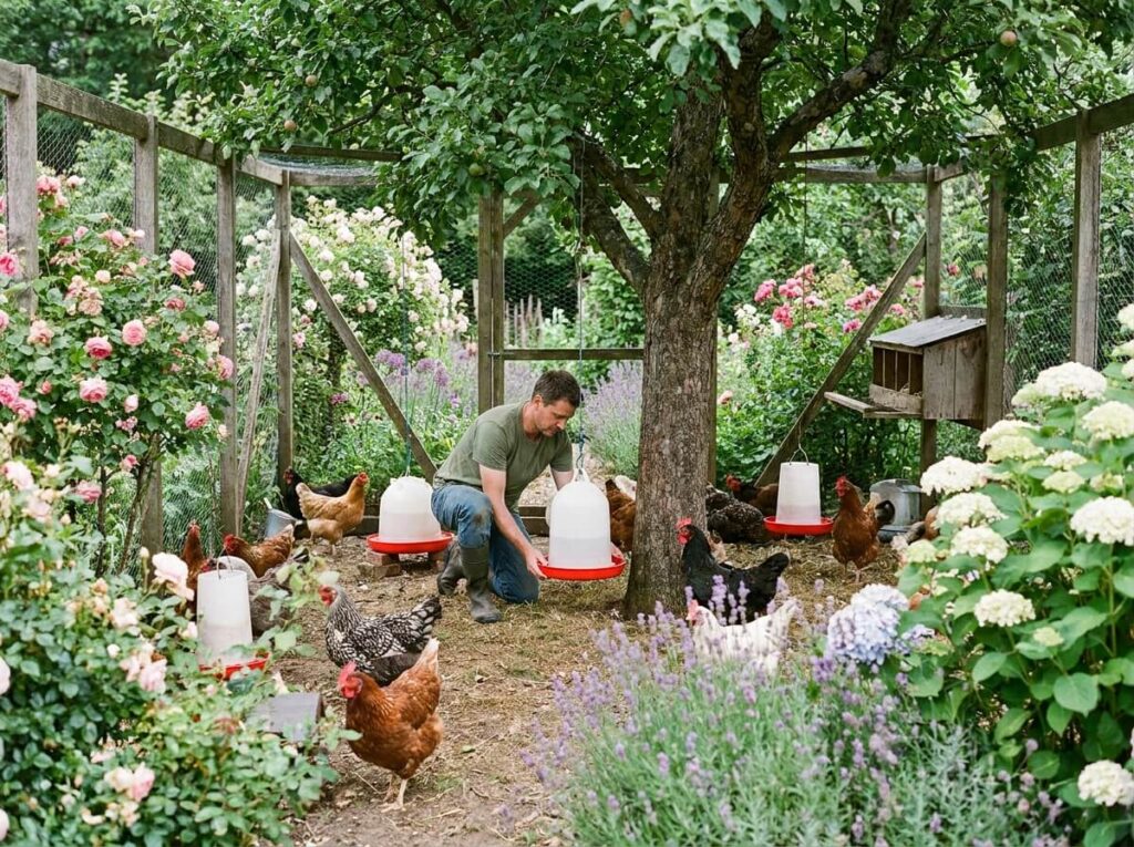 Jardinier installant un abreuvoir siphoïde à l'ombre dans un enclos de poulailler en été