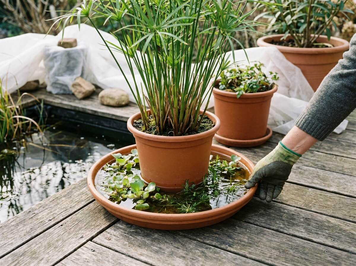 Main vérifiant le niveau d'eau dans la soucoupe d'un papyrus cultivé en pot sur une terrasse
