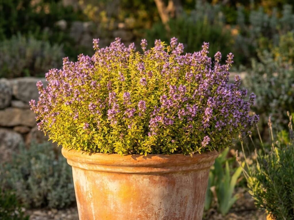 Touffe de thym citron doré en fleurs dans une poterie, lumière chaude de fin d'après-midi