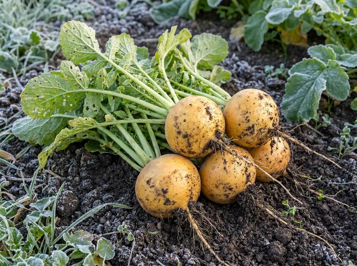 Navets 'Boule d'Or' fraîchement arrachés, racines rondes de 7 cm posées sur la terre