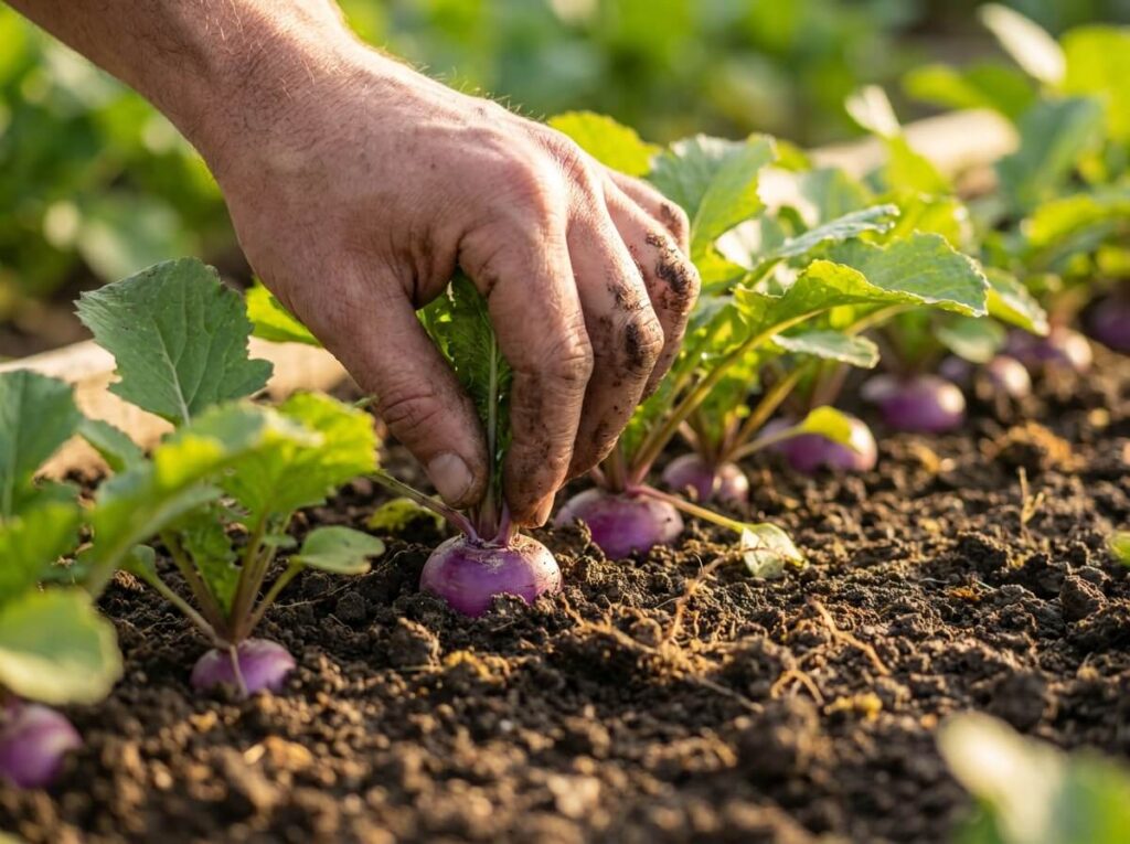 Main éclaircissant un rang de jeunes navets au potager, collets violets affleurant la terre