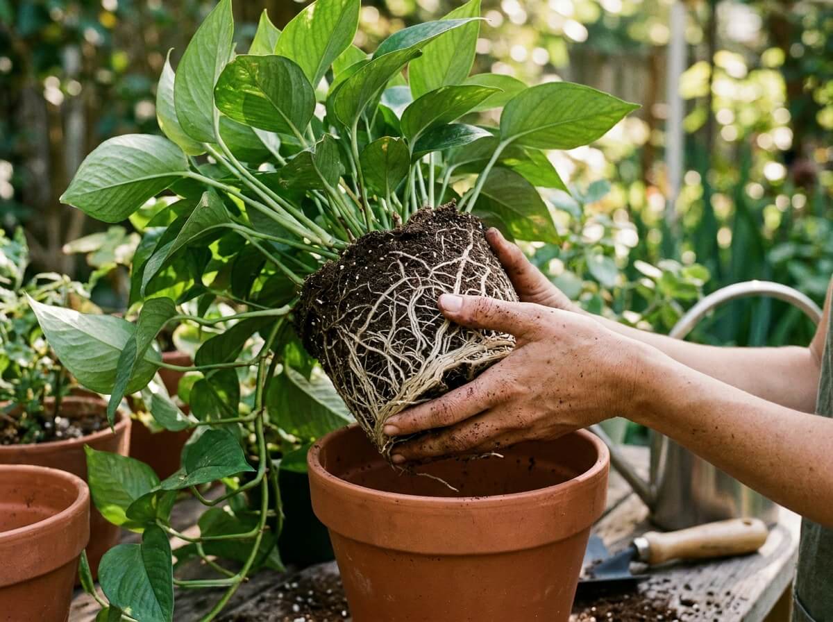Mains rempotant un pothos en été, motte dense de racines blanches et terreau frais dans un pot légèrement plus grand