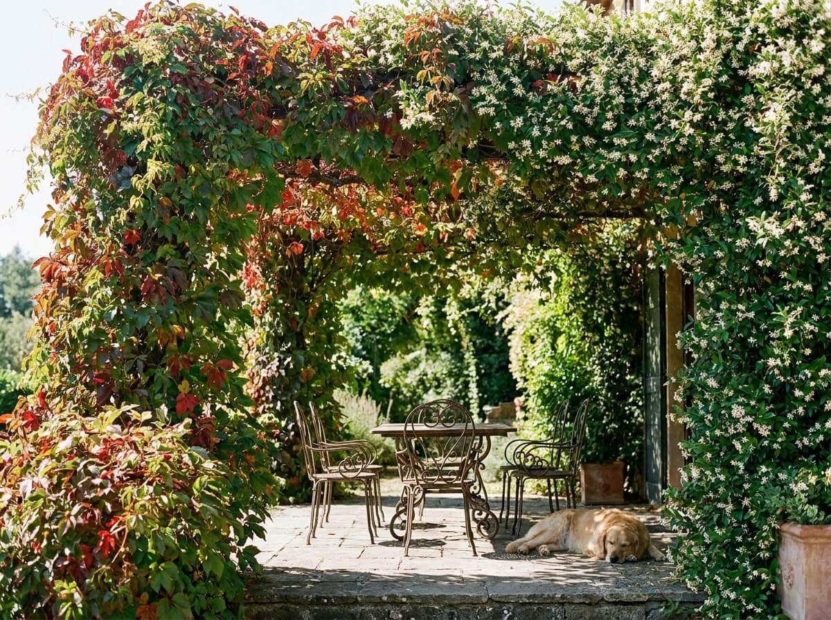 Vigne vierge et jasmin étoilé palissés sur une structure de pergola, feuillage dense au soleil