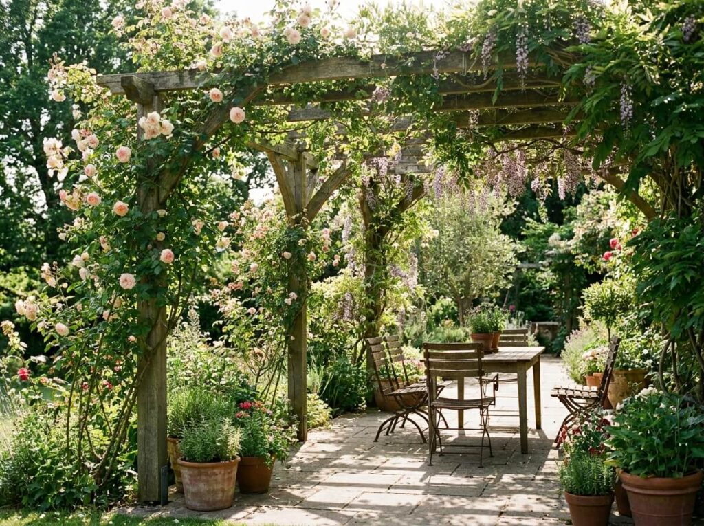 Pergola en bois couverte de plantes grimpantes ombrageant une terrasse ensoleillée en été