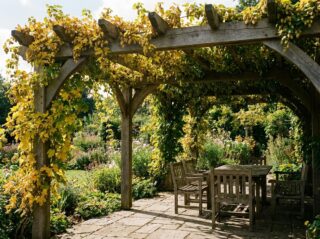 Pergola en bois couverte de houblon doré créant une zone d'ombre sur une terrasse