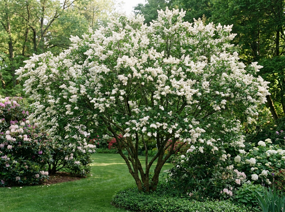 Lilas d'été (Syringa reticulata) en pleine floraison dans un jardin