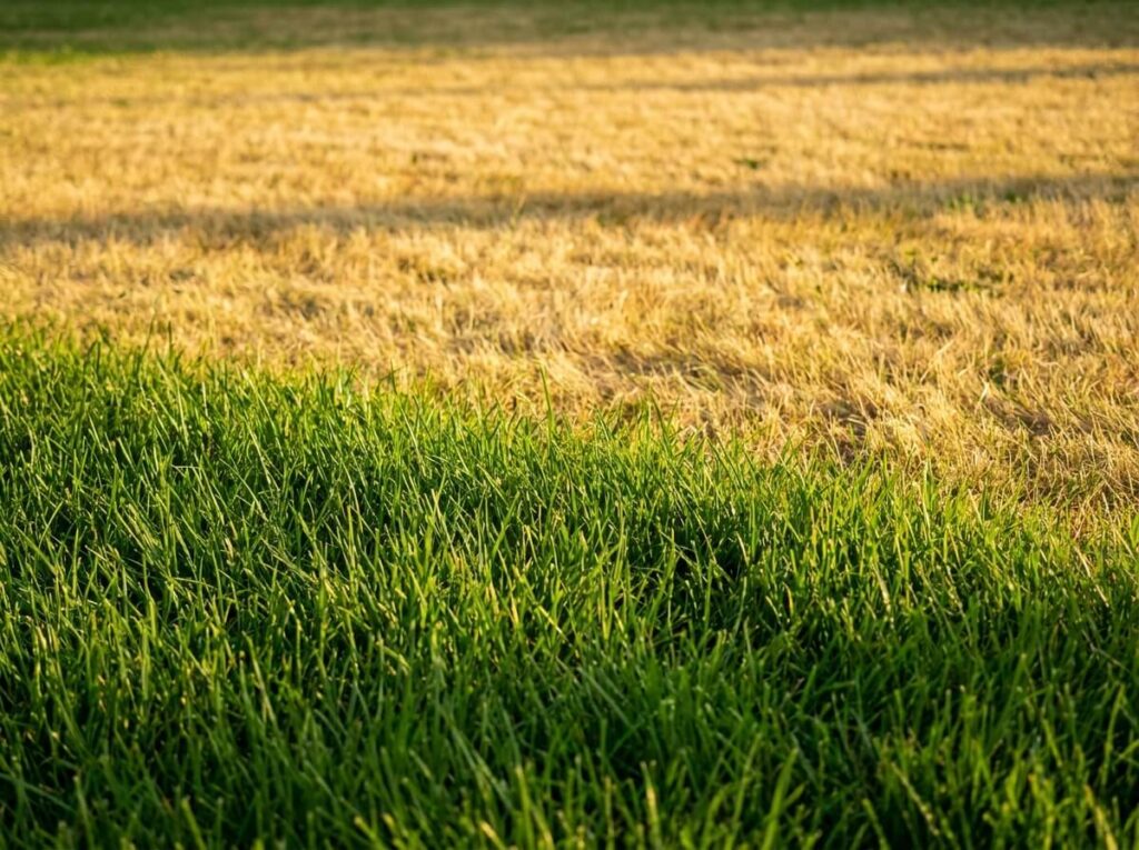 Pelouse en été dont une moitié est jaunie et sèche tandis que l'autre reste verte et dense
