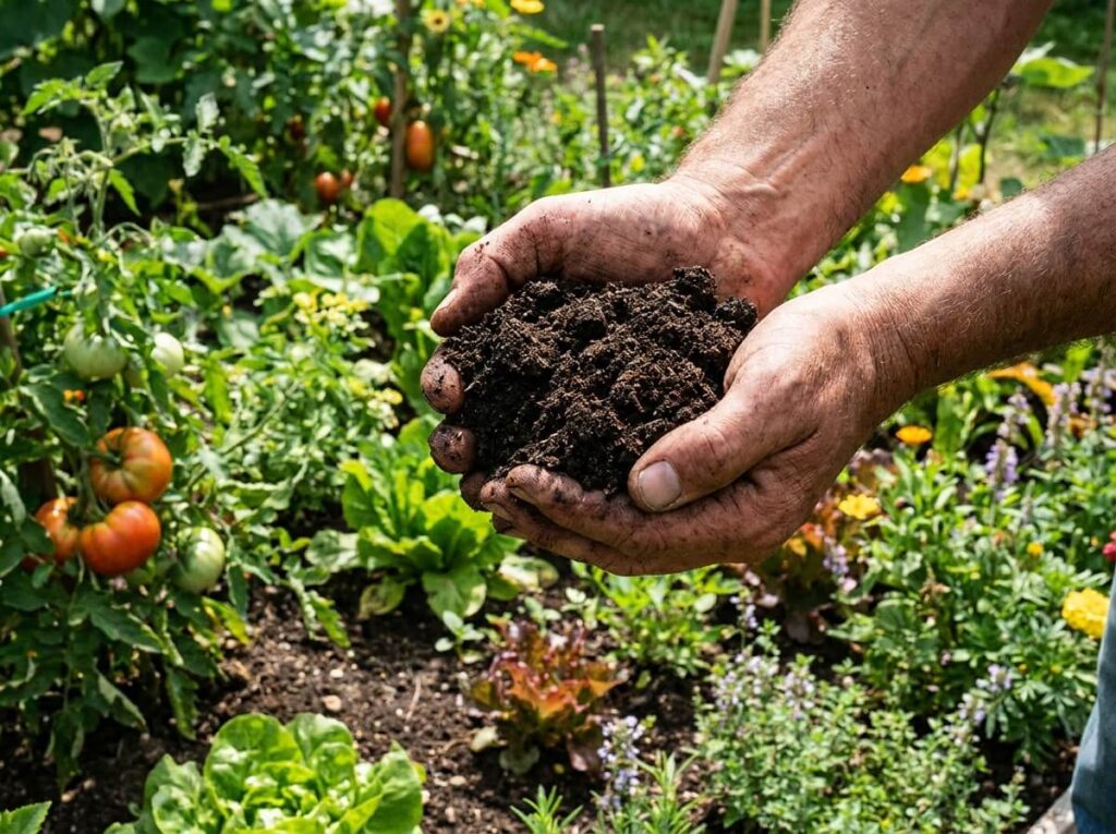 Compost mûr brun sombre et grumeleux tenu dans deux mains au-dessus d'un potager verdoyant en été