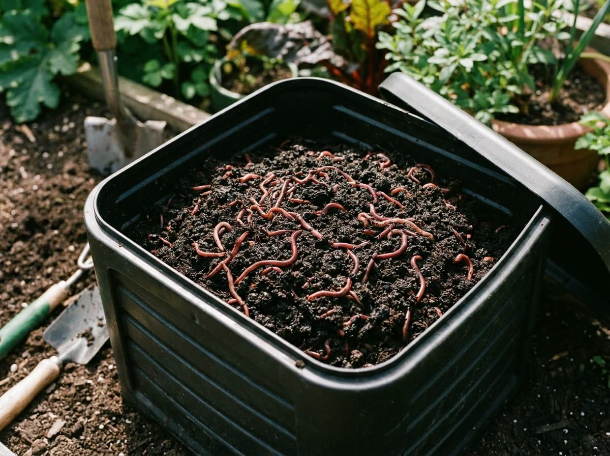 Lombricomposteur ouvert laissant voir un vermicompost noir et fin parsemé de vers rouges actifs