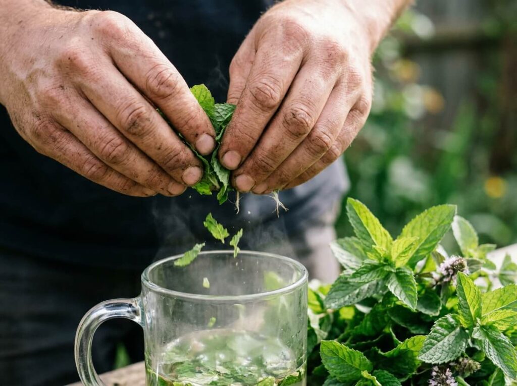 Mains froissant des feuilles de menthe fraîche cueillies au-dessus d'une tasse en verre