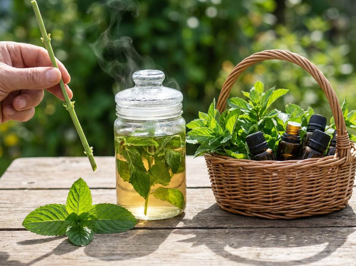 Tige de menthe poivrée coupée au-dessus d'une paire de feuilles, infusion couverte à côté