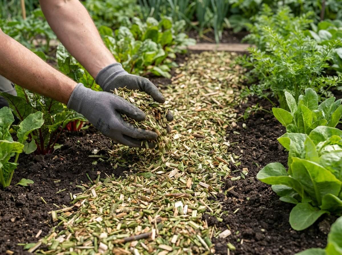 Mains gantées étalant une fine couche de bois raméal fragmenté entre des rangs de légumes