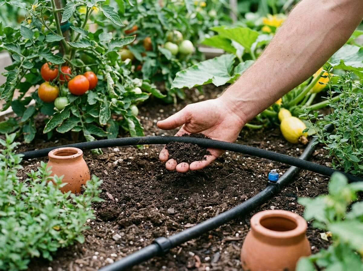 Main testant l'humidité du sol à 10 cm sous un tuyau microporeux dans un potager d'été