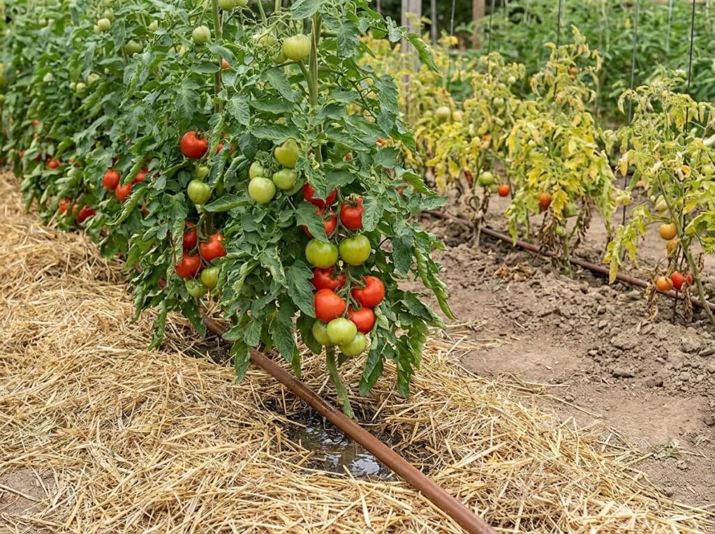 Ligne de goutte-à-goutte à goutteurs intégrés posée au pied de tomates paillées au potager